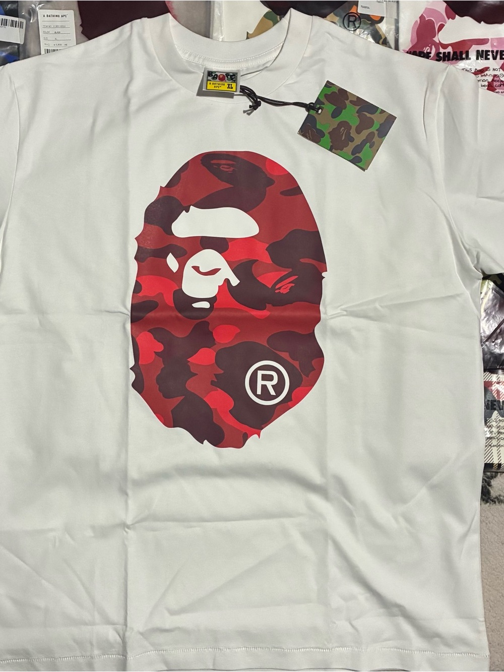 BAPE Women's White Tee with Red Camo Ape Logo